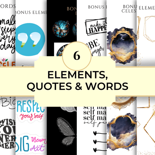 this image show smippets of the elemetns quotes and words pages of the canva vision board teomplate