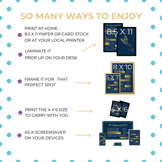 Image showing various sizes and ways to use the Empowered Manifesto Printable by Patty Rose_the Polka Dot Patty Shop