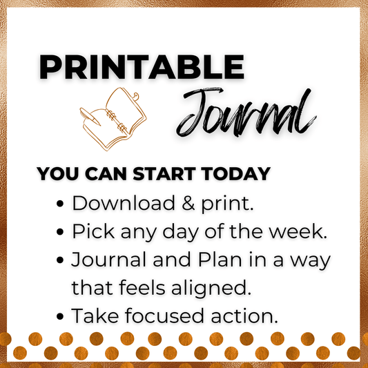 Mockup image with gold foil outlin a journal icon and rust colored polka dots at the bottom