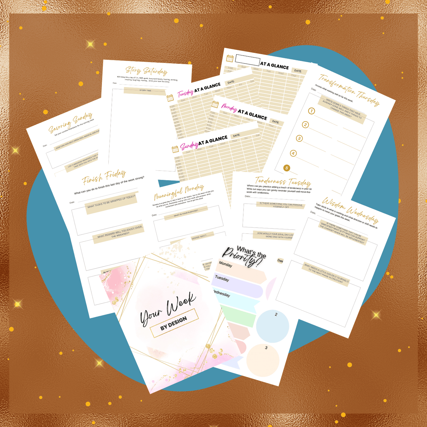 this is a mockup image of all the pages from my week by design printable journal. the graphic has a gold foil border, gold sparkles, and blue bean shaped background behind the page images.