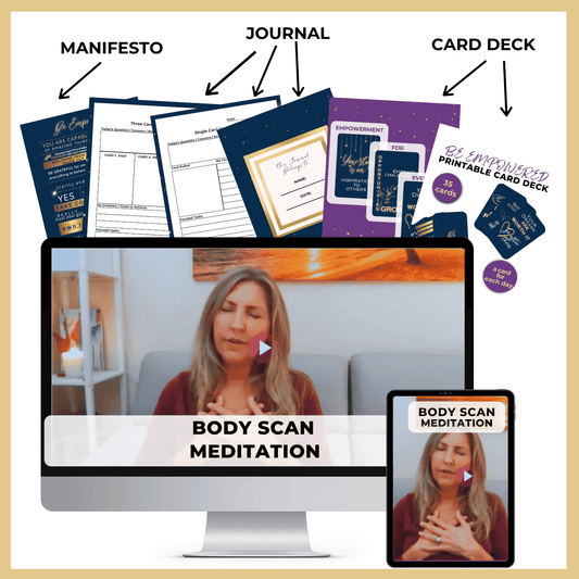 mockup showing the various included parts of the bundle; the manifeto, the journal, the card deck, and the medition, and intention setting training.