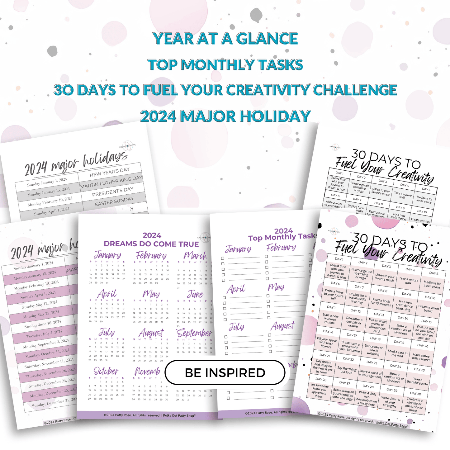 mockup image of the printables, 2024 major hoiday, year at a glance, top monthly tasks, 30 days to fuel your creativity challenge