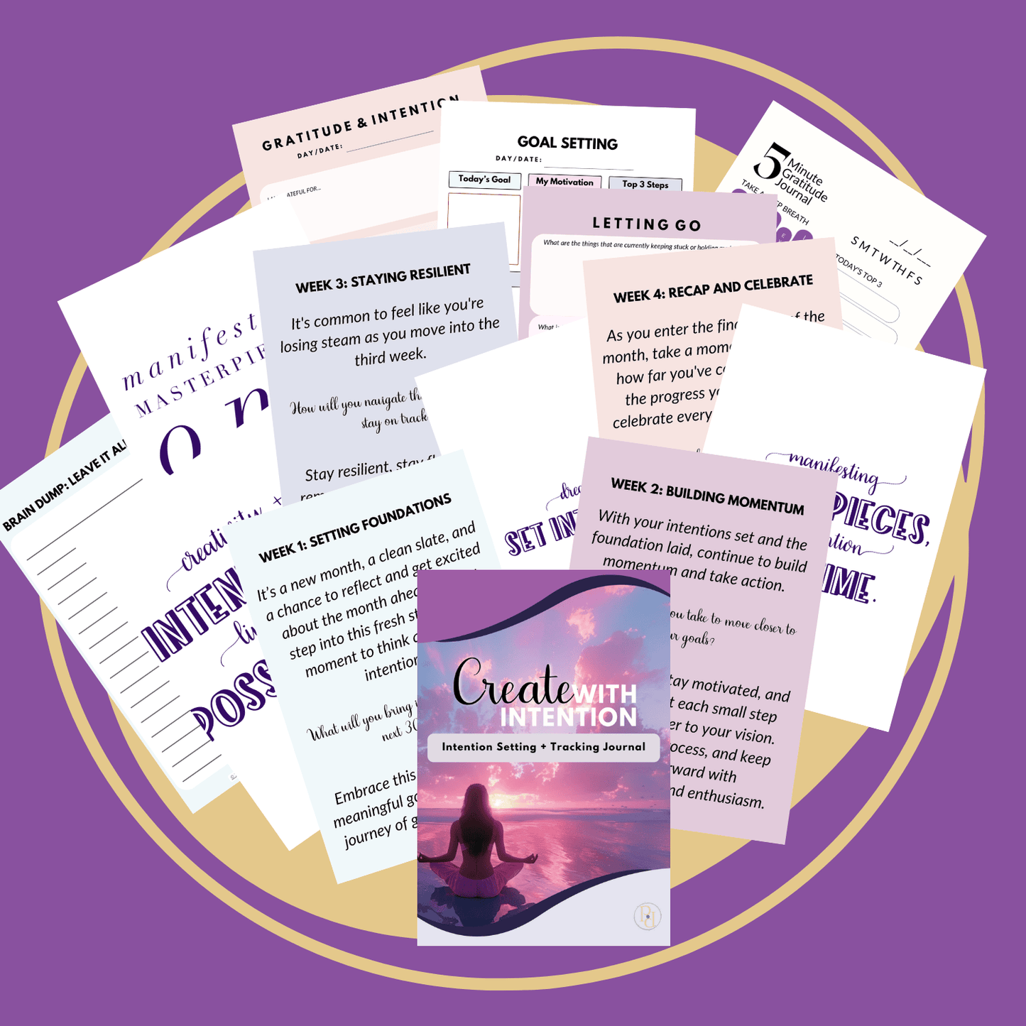 this is a mockup image of all the pages from my create with intention printable journal. the graphic has a purple border, and gold bean shaped background behind the page images.