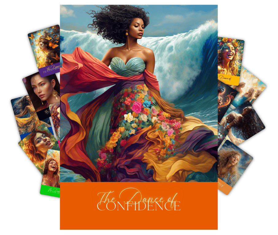 This is an image of The Dance of Confidence card on top of a collage of cards from the Creative Transformation - Trusing the Dance of Life Card Deck