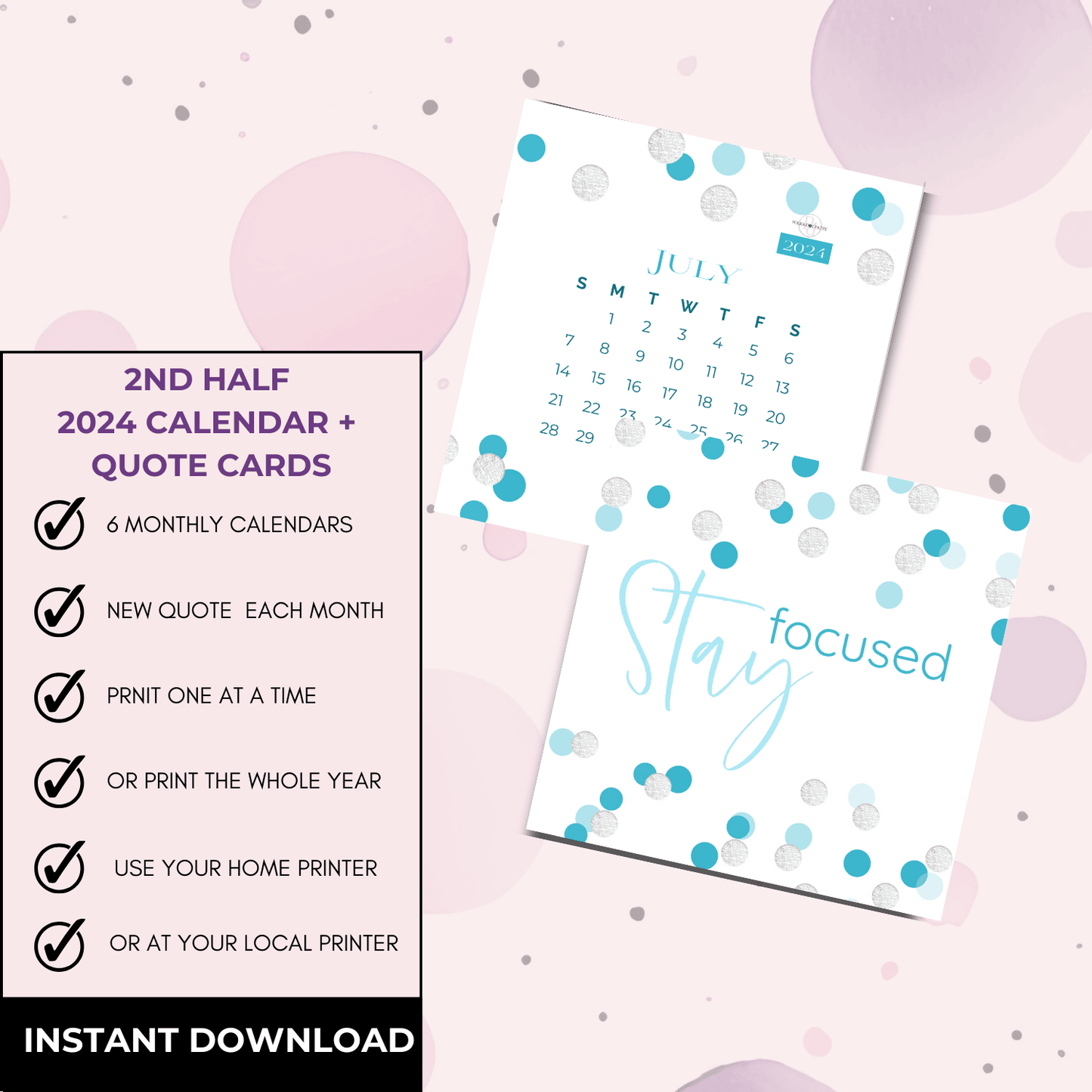 mocikup image of printable suares of July 2024 and a quote card