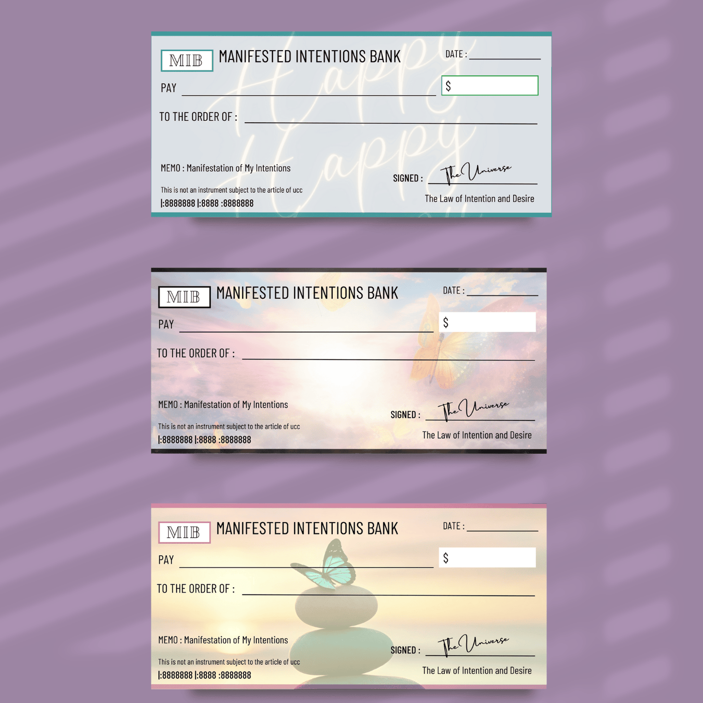three manifestation checks happy, serene butterfly, and bright sky