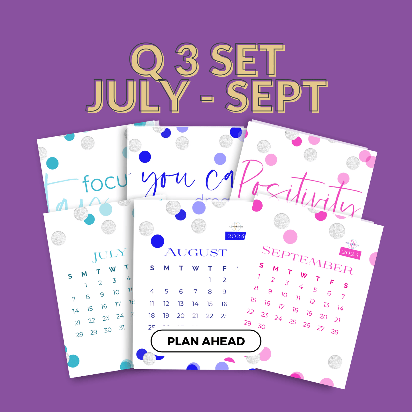 this is a mochup for the Q3 2024 months of may, june, july, and august 2024 with plan the quarter in teal, blue, pink