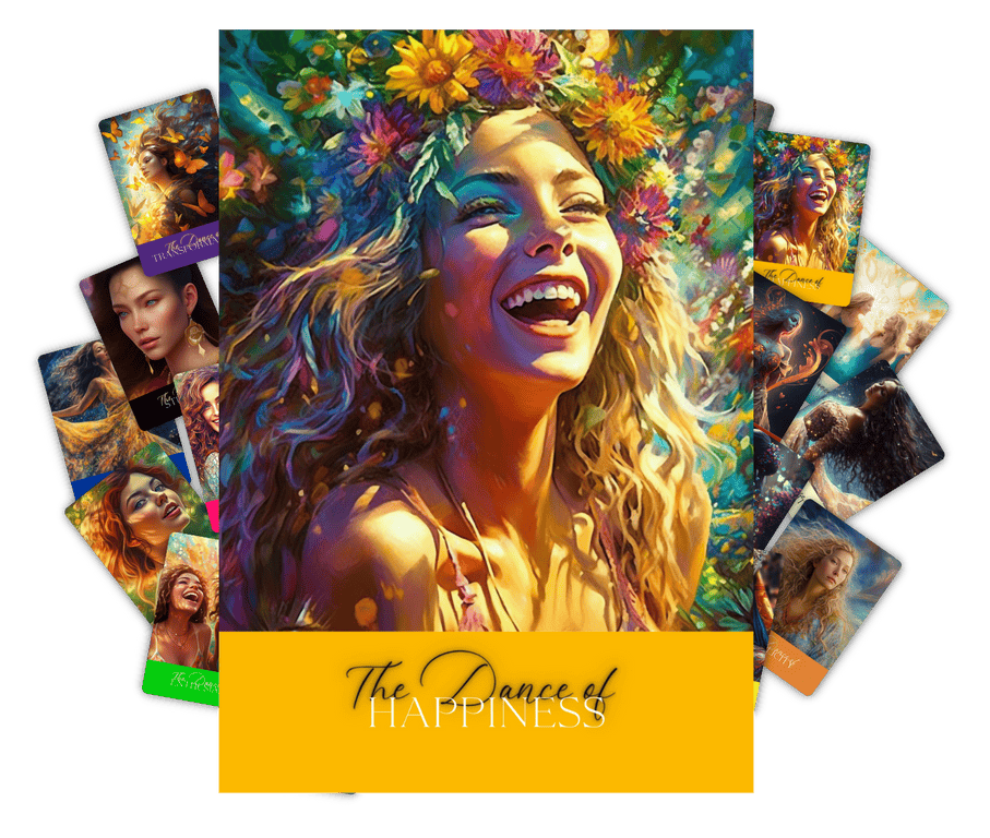 This is an image of The Dance of Happiness card on top of a collage of cards from the Creative Transformation - Trusing the Dance of Life Card Deck