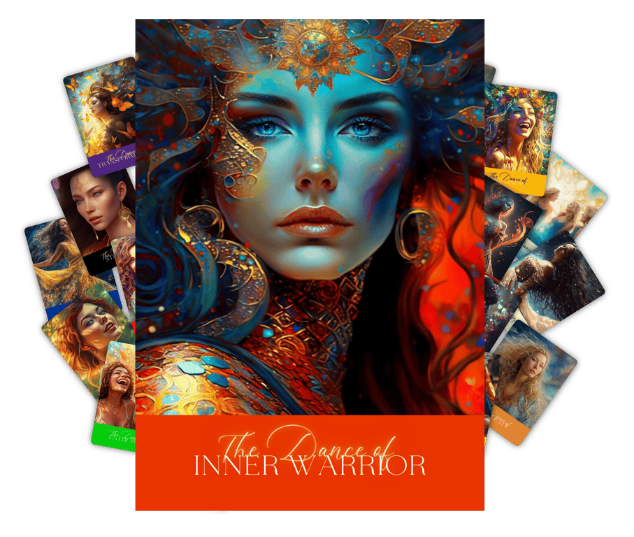 This is an image of The Dance of Inner Warrior card on top of a collage of cards from the Creative Transformation - Trusing the Dance of Life Card Deck