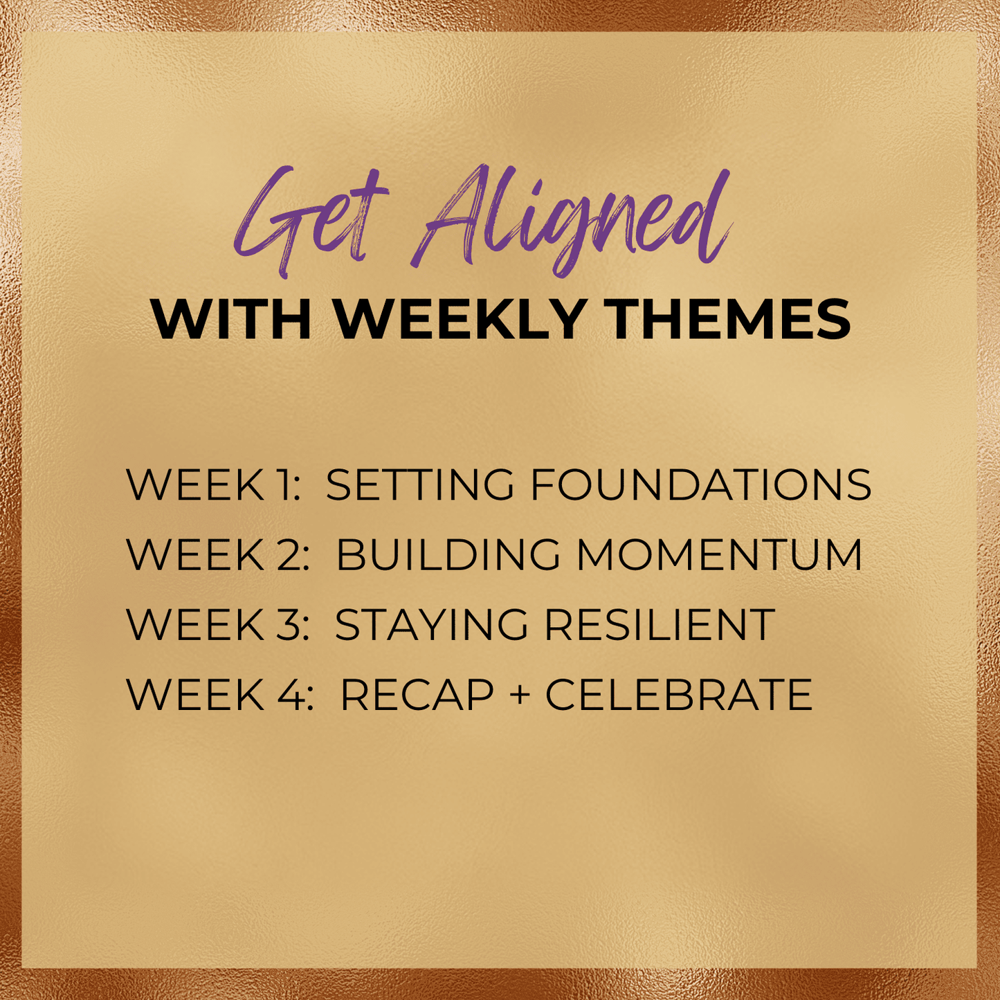 this image is of the types of weekly themes in the Create With Intention Undated Planner and Tracker Journal by Patty Rose at Polka Dot Patty -
Week 1 Setting Foundations Week 2 Building Momentum Week 3 Staying Resilient Week 4 Recap + Celebrate
