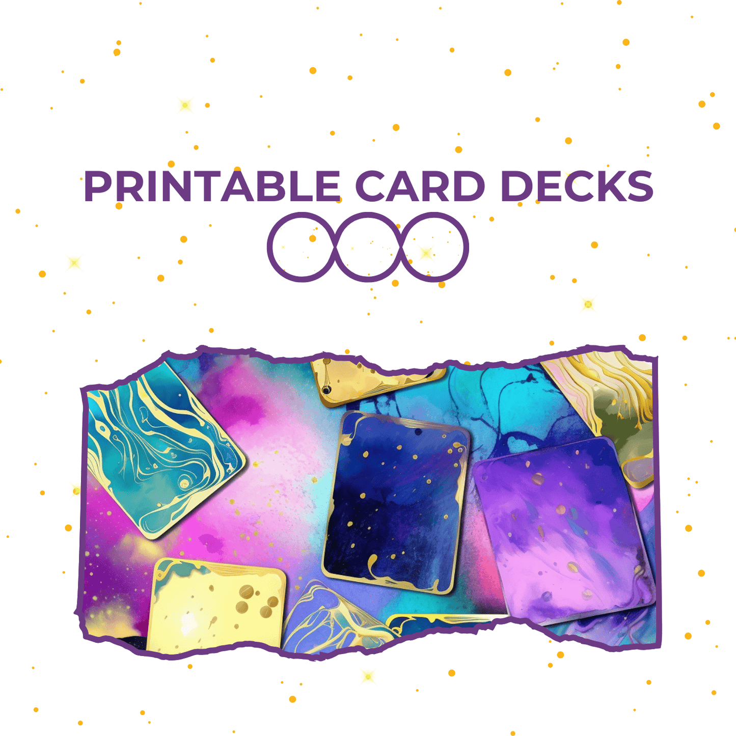 Title image for the Printable Card Decks Category with gold polka dots, purple text, and an image of neon colored swirls and cards tossed on the surface_Polka Dot Patty Shop