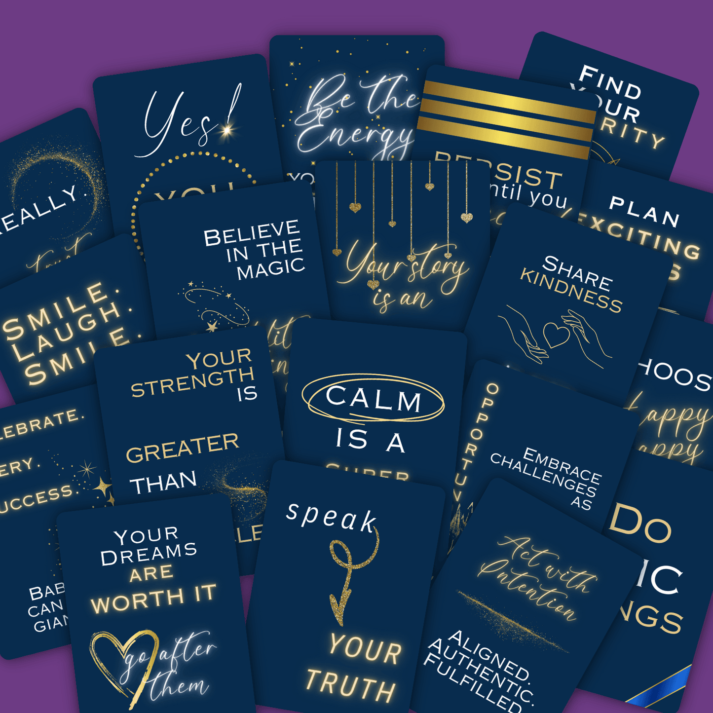 Title image is a spread of several cards from the Be Empowered Printable Card Deck in deep blue with white and gold foil letters and elements_by Patty Rose_Polka Dot Patty Shop