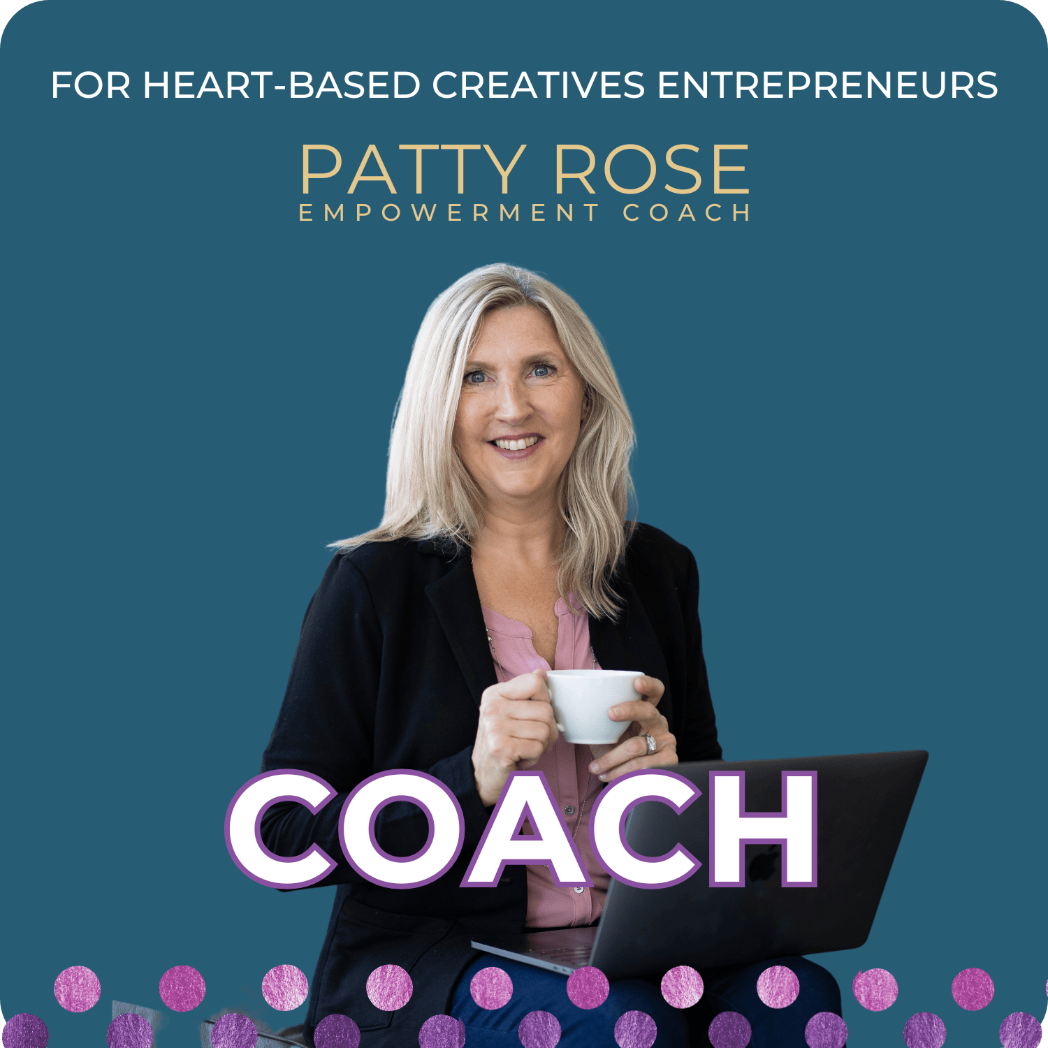 image of patty rose empowerment coach with a cup of coffee and laptop on her lap.