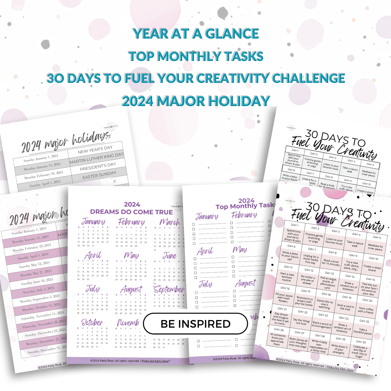 mockup image of the printables, 2024 major hoiday, year at a glance, top monthly tasks, 30 days to fuel your creativity challenge